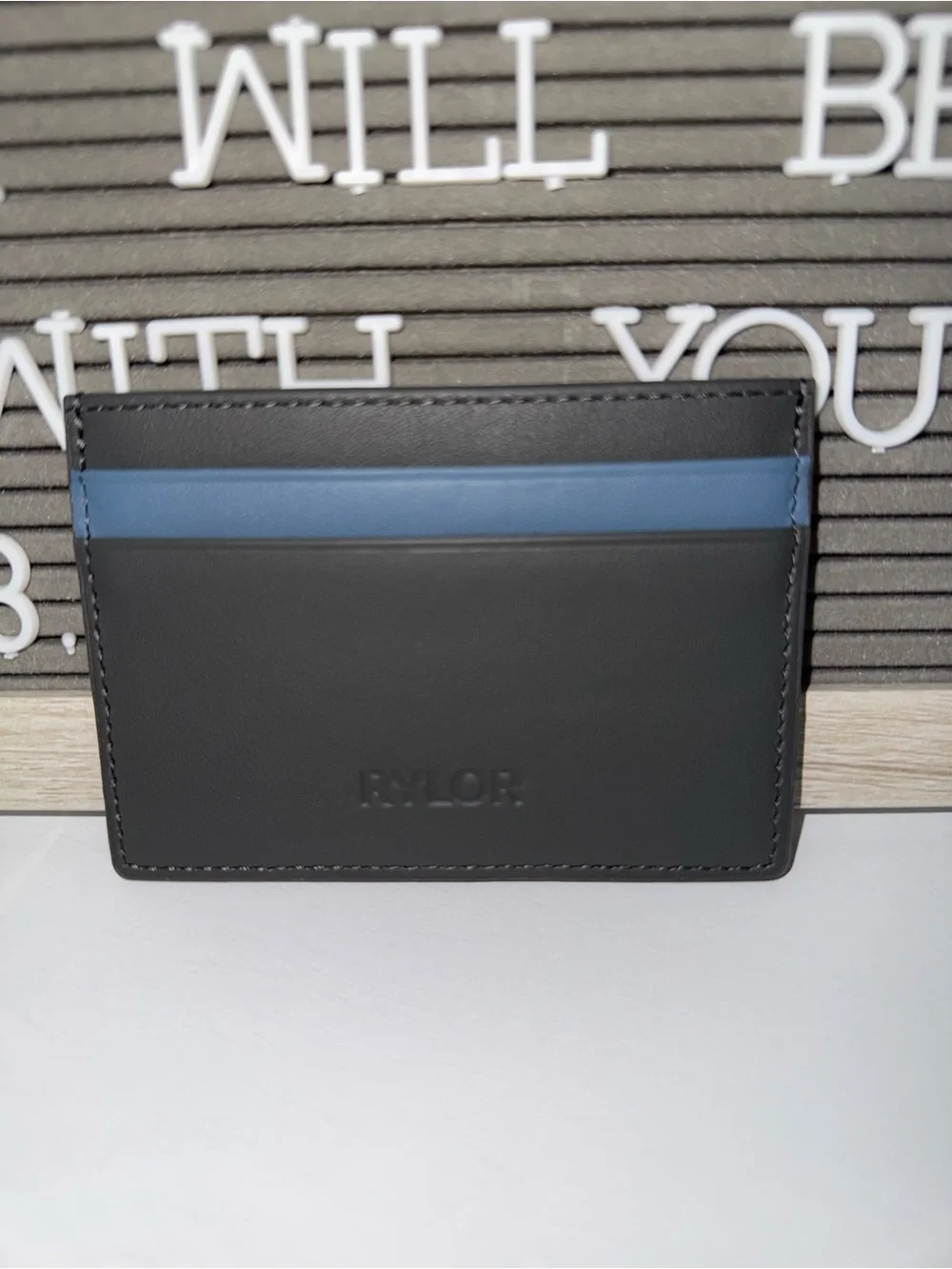 Rylor Slim Leather Card Holder in Gray with Blue Accent